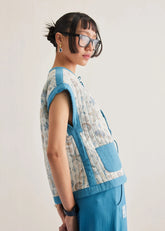 A Model Wearing Blue Handwoven Cotton The Tidal Cotton Blue Reversible Vest , curated by Only Ethikal